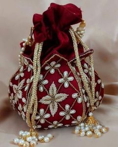 NEW---STYLISH---PEARLS, ZARI EMBROIDERY WORK ON---POTLI-BAGS WITH---BEAUTIFUL---FOR-PARTY & <b>WEDDING</b>--2021 - Product Image 1