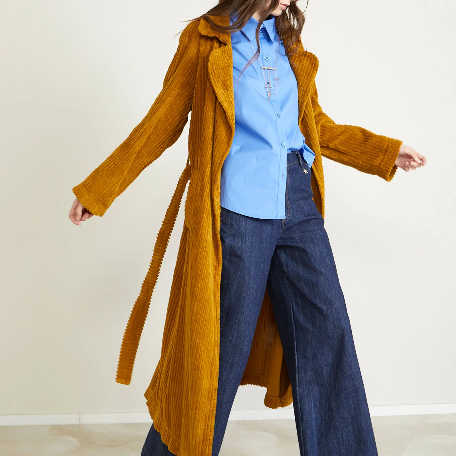 Made in Italy yellow velvet long coat for ladies with lapel neck with sash for casual day ready to wear