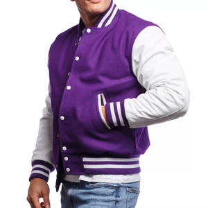 Veste de baseball Varsity personnalisée OEM pour homme, bleu et blanc, corps en laine, manches en cuir, style Letterman pour lycée - Product Image 2