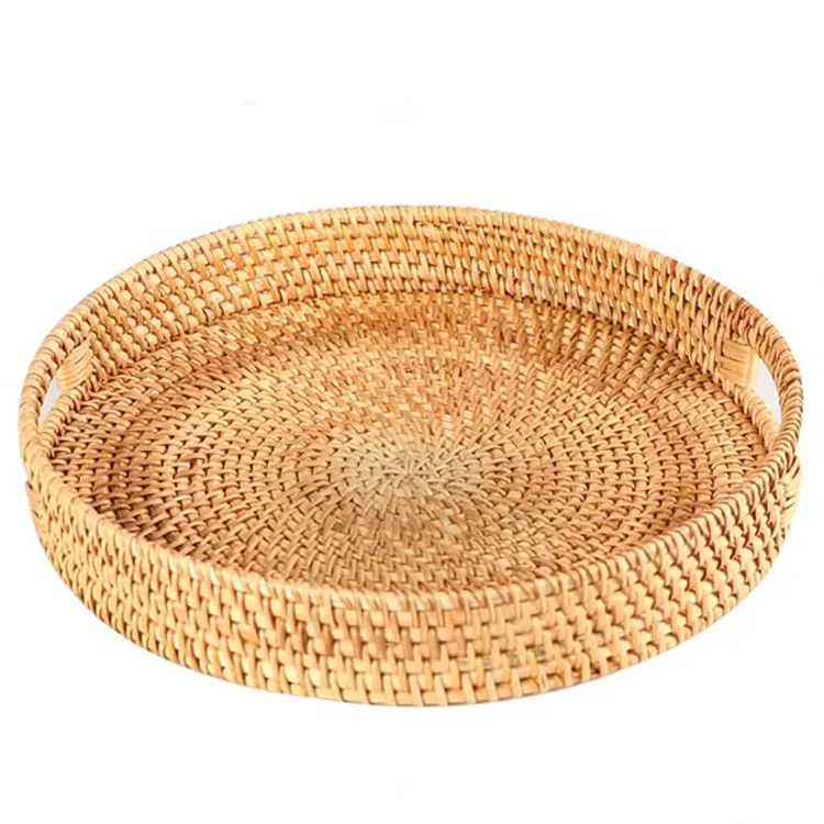 Decorate 13.7 inch Rattan serving beauty hamper wooden tray round with handle