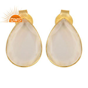 Drop Shape White <b>Moonstone</b> Stud Earrings 14k Gold Plated Jewelry 925 Silver Designer Stud Earrings Suppliers - Product Image 1
