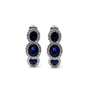 China Factory Casual Design 18K Solid White Gold Natural Diamond Oval Blue Sapphire Fine Jewellery Hoop Earrings For Woman