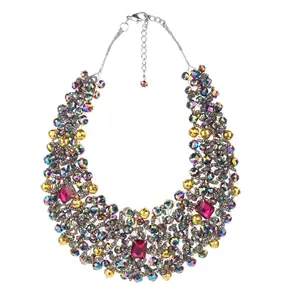 Bib Statement Necklace Colourful Glass Beads Pink Stone Crystal Collar Choker Necklace for Women Fashion Accessories