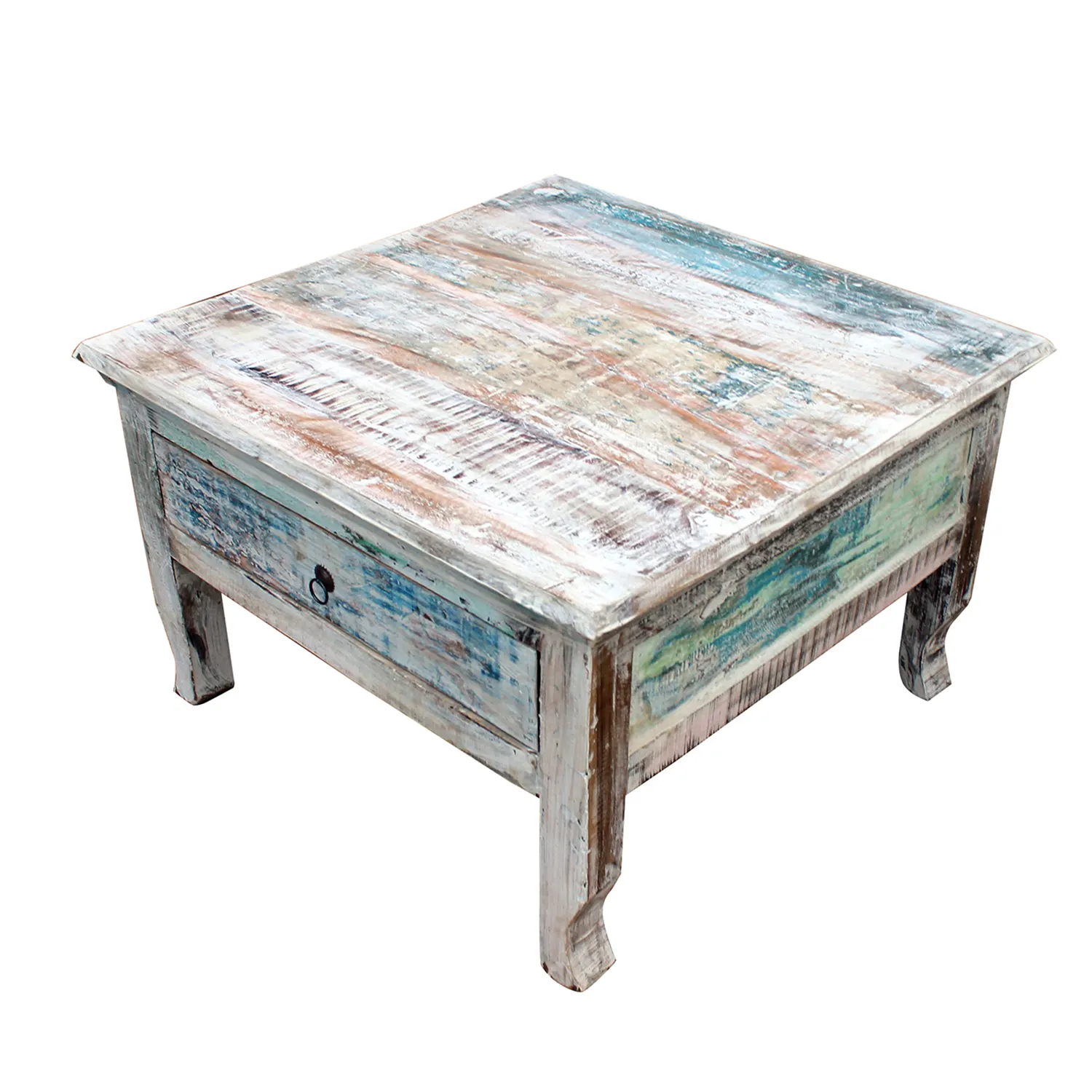 Mesa de centro cuadrada de madera envejecida, mueble indio de madera desgastada, color blanco desgastado, 1 cajón