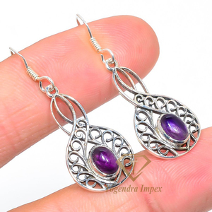 Améthyste naturelle pierre précieuse faite à la main 925 argent sterling massif boucles d'oreilles cadeau de fête de mariage à la mode pour les femmes - Product Image 2