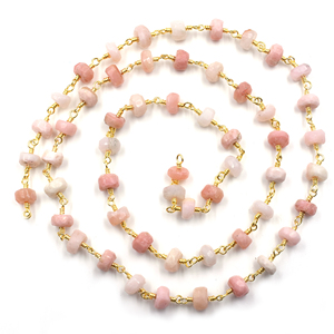 Pink <b>Opal</b> Faceted Rondelle Rosary Chain 6–7mm Brass 18K Gold Plated Wire Wrapped Gemstone Chain Sold by Foot - Product Image 2