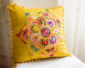 Srj Exports Latest Design Home Decorated Wholesale Handmade Tribal Pillow Case & Pom Pom Border Ethnic Cushion Cover