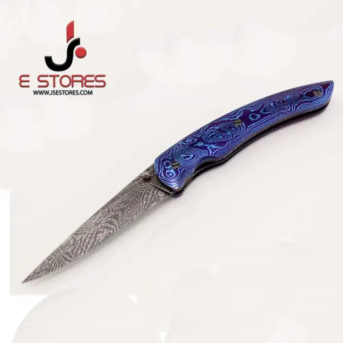 JS ESTORES | Custom Handmade Damascus Steel Folding Knife With Timascus Mokuti Titanium Damascus Handle