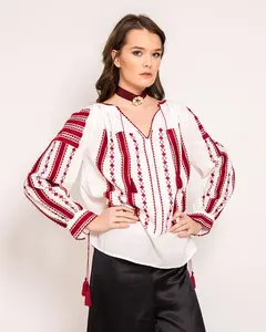 New Year 2020 Designer Handcrafted Red Embroidered Romanian Blouse Women Blouse & Top Decorated With Long Tassels Ladies Tops