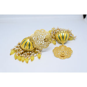 สร้อยคอทองเหลืองเคลือบเงาสีทอง,ลูกปัดแฮนด์เมด Meenakari Jhumki พร้อมต่างหูแบบห่วงยาวสำหรับเด็กหญิงและสตรี - Product Image 3