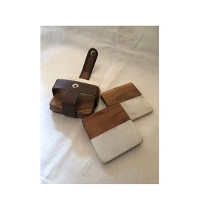 Dessous de verre en pierre en bois et marbre Dessous de verre en noyer Support en cuir pour cadeau de pendaison de crémaillère et sous-verres en bois pour boissons - Product Image 1