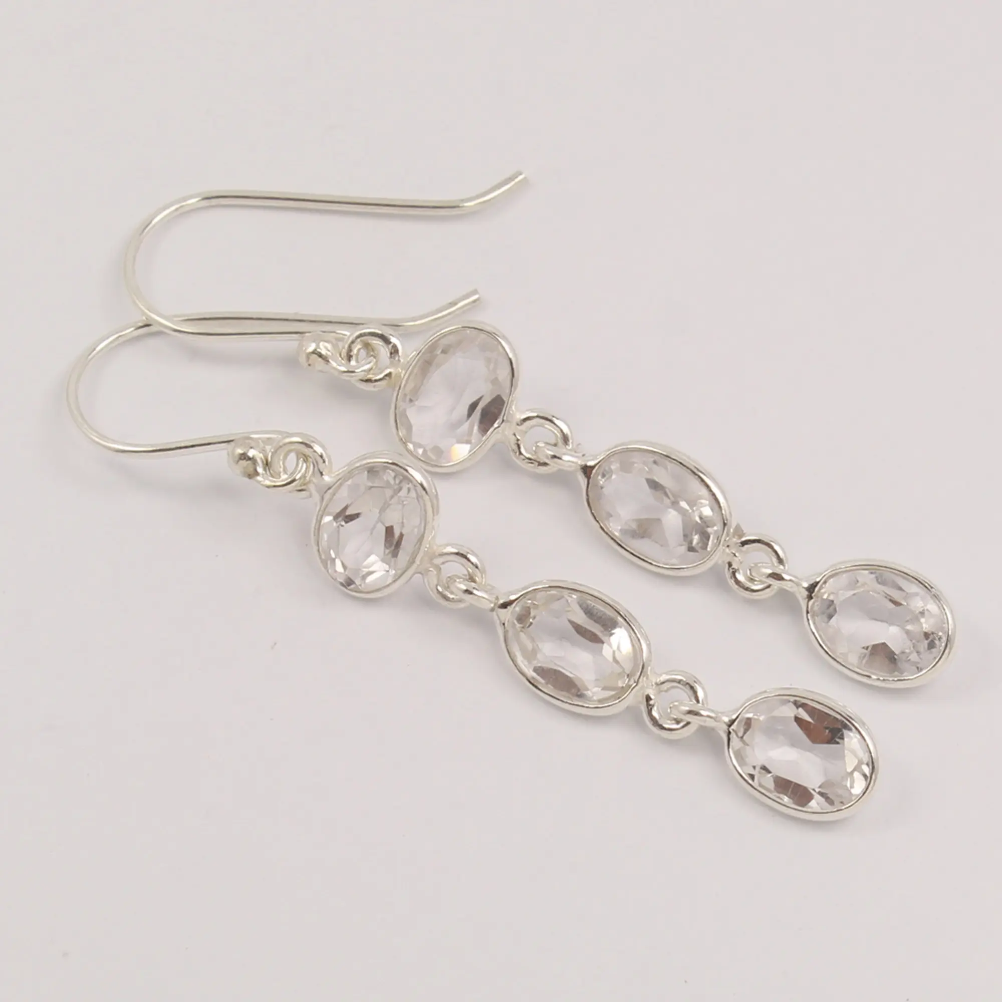 Drop 4.6 cm 1 3/4" inches Clear Crystal Quartz oval Cut stones simple design earrings 925 Solid Sterling Silver