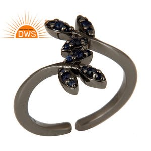 Bague en argent Sterling saphir bleu naturel en forme de feuille, pierre précieuse, noir, Rhodium plaqué, vente en gros - Product Image 1