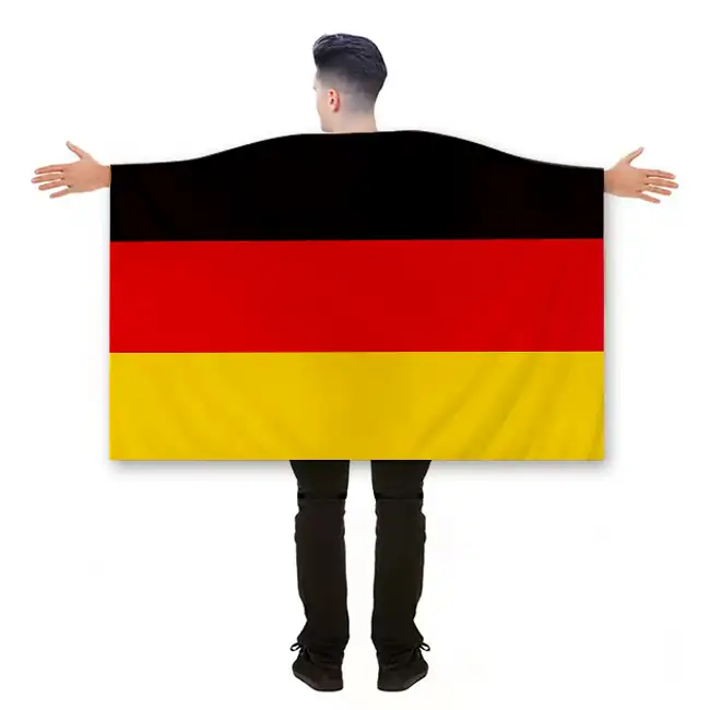 सस्ते जर्मन फुटबॉल प्रशंसक शरीर झंडा, आस्तीन के साथ केप झंडा, जर्मन में जर्मन झंडा रंग