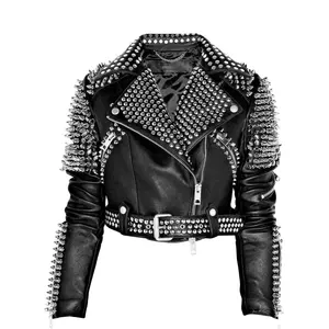 Best Selling Crop Studded Biker Leren Jas Voor Vrouwen Lange Mouwen Dames Premium Winter Kleding 2021