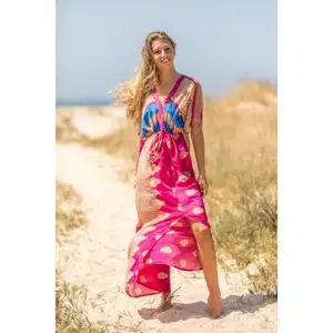 Bohemian Maternity Women's Clothing Resort Wear Tropical Print Short Sleeve Summer Sexy Kaftan Maxi Long Beach Dresses