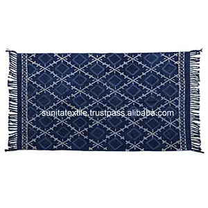 8x10 Feet Factory Price Wholesale 100% Cotton Mudcloth Blue Indigo Indoor Carpet Hand Block Printed Turkish Woven Handloom Rug