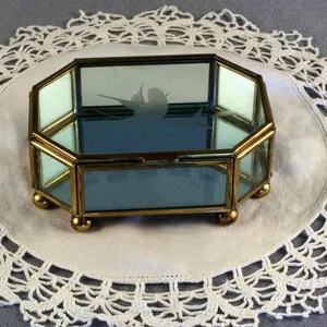 Vintage Brass Framed Etched <b>Glass</b> Jewelry <b>Box</b>, Etched <b>Glass</b> Cover, - Product Image 1