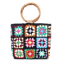 Tas Bahu Rajut Tangan dari Katun Berwarna-warni dengan Lapisan Jute, Dua Pegangan Bambu, Pola Geometris, dan Kantong untuk Wanita.