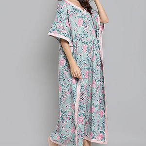 New Arrival Women's Fashion <b>Kaftan</b> Dress Light Blue V-Neck <b>Maxi</b> Leisure Floral Pattern Zipper Half Sleeves Slits Plain Dyed - Product Image 2