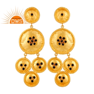 Boucles d'oreilles en saphir bleu cristal, bijoux en pierre précieuse indienne, 18k, or jaune plaqué argent massif, lustre, vente en gros - Product Image 1