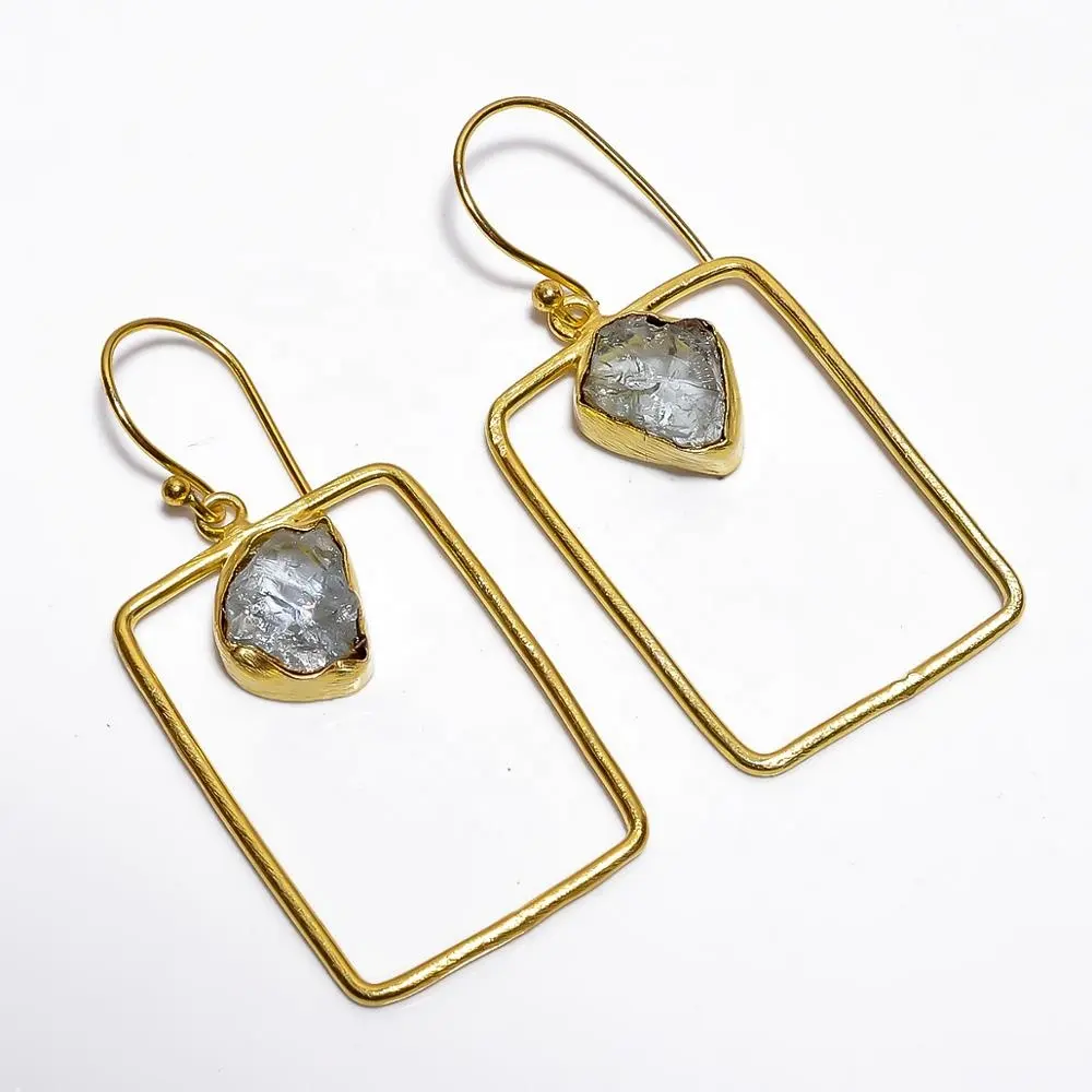 Perhiasan buatan tangan batu permata aquamarine alami wanita dan anak perempuan anting berlapis emas kuningan asli modis eksportir