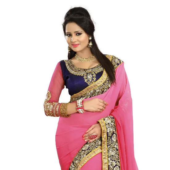 Blu con colore di imbottitura rosa con produttore di sari per ricamo a macchina dall'india fornitore di sari firmati dall'india