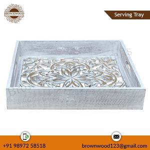 Precio de fábrica MDF Rectangular tallado a mano bandeja de servicio Juego de 3 bandejas de madera hechas a mano para servir y decoración Uso Calidad Premium - Product Image 6