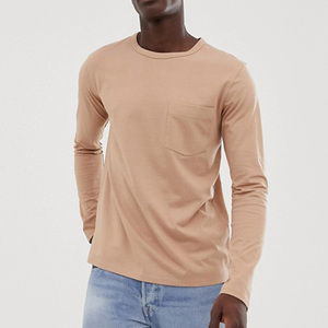 Custom Logo Cheap Price Plain T-Shirt With Pocket <b>Round</b> Collar Slim Fit Long Sleeve T-Shirt For Men - Product Image 5