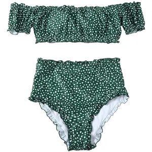 Women's Floral 2 Pieces Short Sleeve Off Shoulder Top Bikini Printed Swimwear Set and High Waist Panty Bottom