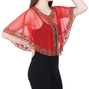 2026 Exclusif Poncho de travail grande taille Broderie de perles rouge et or Fait main Manches longues à mi-longueur Motif uni Imprimé Printemps Automne Hiver - Product Image 1