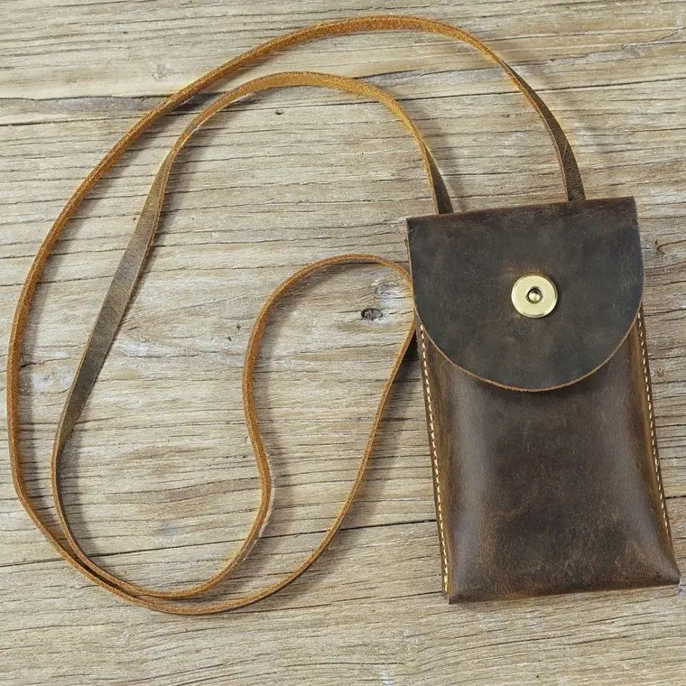 Bolsa de couro para celular, bolsa de couro da moda com alça de ombro feita à mão, transversal, saco para celular iphone