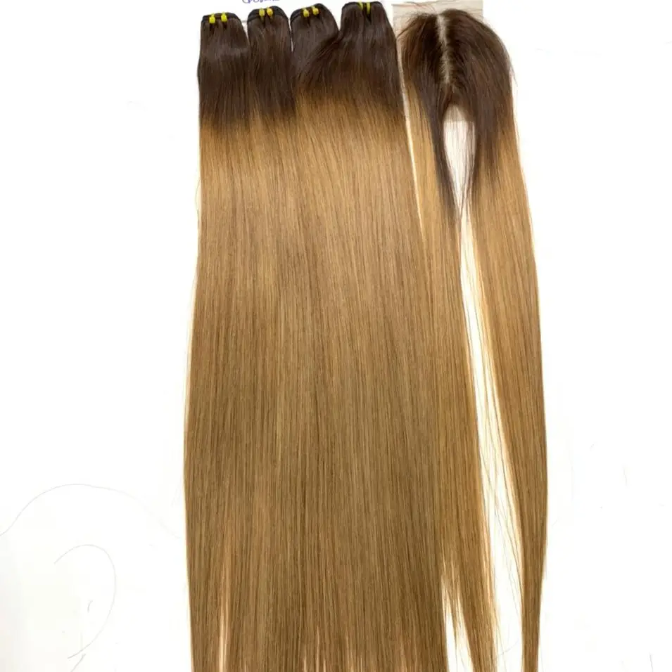 Blonde/Goudkleurige Bot Steil Haarbundel Met Sluitingen Van Alle Soorten Getekend Haar Vietnam Menselijk Cuticula Uitgelijnd Haar