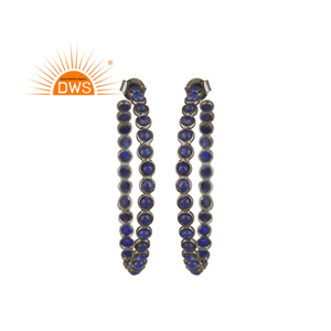 Trendy Ladies Fashion Hoop Earring Jewelry Wholesale Lapis Gemstone Black Rhodium Plated Sterling Silver Earring - Product Image 1