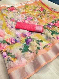 ชุดส่าหรีพิมพ์ลายเสื้อเบลาส์ที่สวยที่สุดผ้าอินเดียลูกไม้ขอบเป็นเส้นไหมที่สวยงามมากสำหรับผู้หญิงส่าหรี - Product Image 3