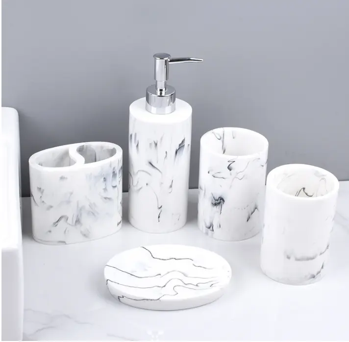 Black White Marble Effect Modern Hotel Resin Polyresin Bathroom Accessories Set Lotion Bottle Toothbrush Holder Cup Soap Dish
