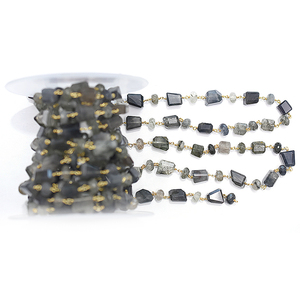 Chaîne d'enveloppement de fil de chapelet en argent 925 Pépites de quartz rutile de tourmaline Forme de rondelle Plaqué or 14 carats Sterling pour la fabrication de bijoux - Product Image 1