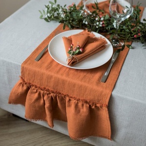 Rustic Orange Linen Table Runner With Ruffle Edge Solid Color Home Decor Woven Washable - Product Image 1