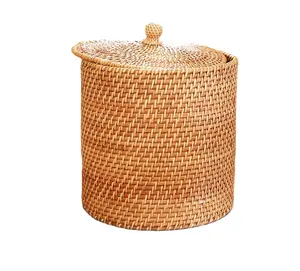 Hand woven rattan storage basket with lid