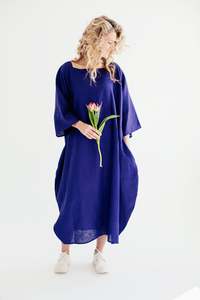 Vestido Midi de Lino Azul Marino para Mujer, Cuello Redondo, Manga Murciélago, Corte Holgado, Dobladillo Asimétrico, Estilo Casual de Primavera - Product Image 2