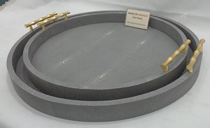 037 DAPHOCO Luxury Decorative Veneer Edges Tampered Faux Shagreen Trays Set Brass Bamboo Handle Vietnam Origin Custom Trays - Product Image 5
