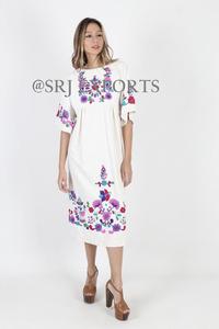 <b>White</b> Boho Embroidered <b>Organza</b> Midi <b>Dress</b> Floral Pattern Collarless Neckline Cap Sleeve Loose Fit Cotton Summer Casual <b>Dress</b> - Product Image 2