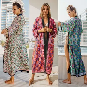 Toptan kimono Robe-hint nakış ipek Kimono Robe -Boho Phulkari Georgette kimono ceket-plaj kıyafeti-Bikini kapak up