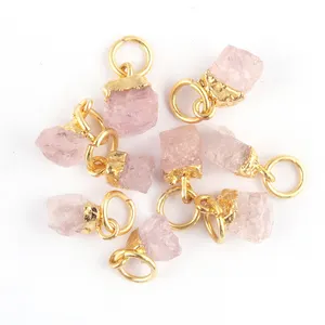 Factory Selling Natural Raw Rose Quartz Jewelry Making Charms Connector Gold Plated Single Bail Charms Jewelry Finding Supplies