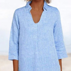 Robe midi en lin vert à col en V et manches trois quarts, coupe ample, respirante, tissée, couleur unie, brodée, pour l'été et le quotidien - Product Image 2