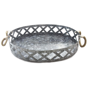 Wholesale Custom Handmade Galvanized Metal Cross Pattern Serving Tray with Designer Handles Durable Food Serving Tray - Product Image 1
