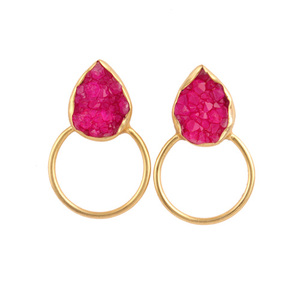 Pendientes de aro con forma de pera para mujer, aretes de aro dorados o plateados, con forma de pera, color rosa natural, con drusa, en oferta - Product Image 6