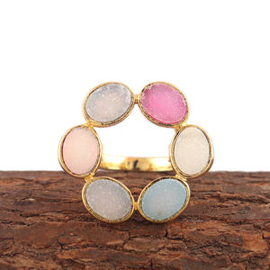 แหวนแฟชั่นผู้หญิงคุณภาพสูง5X7มม. รูปวงรีธรรมชาติหลายน้ำตาล Druzy แหวนทอง24K ทำด้วยมืองบแหวน - Product Image 5