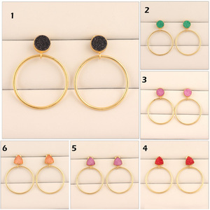 ต่างหูห่วง Druzy ทรงกลมสำหรับผู้หญิง,ต่างหูแป้นกลมชุบทองน้ำตาลธรรมชาติสีดำสไตล์มินิมอลลิสต์เครื่องประดับ - Product Image 2