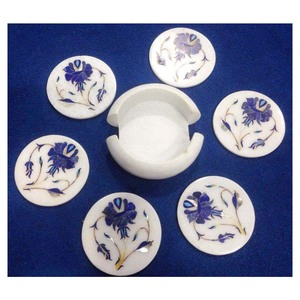 White Marble Blue Flower Inlay Round <b>Coasters</b> <b>Set</b> - Product Image 1